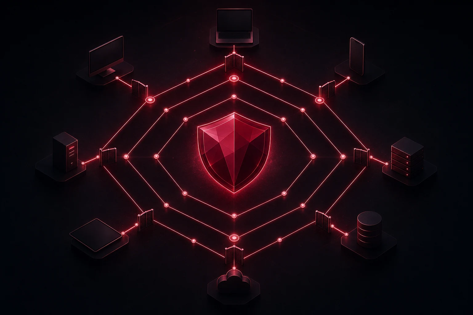 A zero-trust architecture: a faceted shield encircled by concentric verification rings with checkpoint nodes.