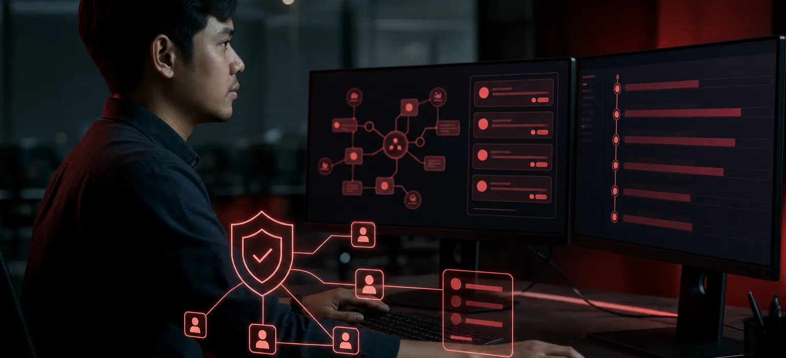 An engineer reviewing an agent workflow graph and a queue of approval cards on a two-monitor desk.