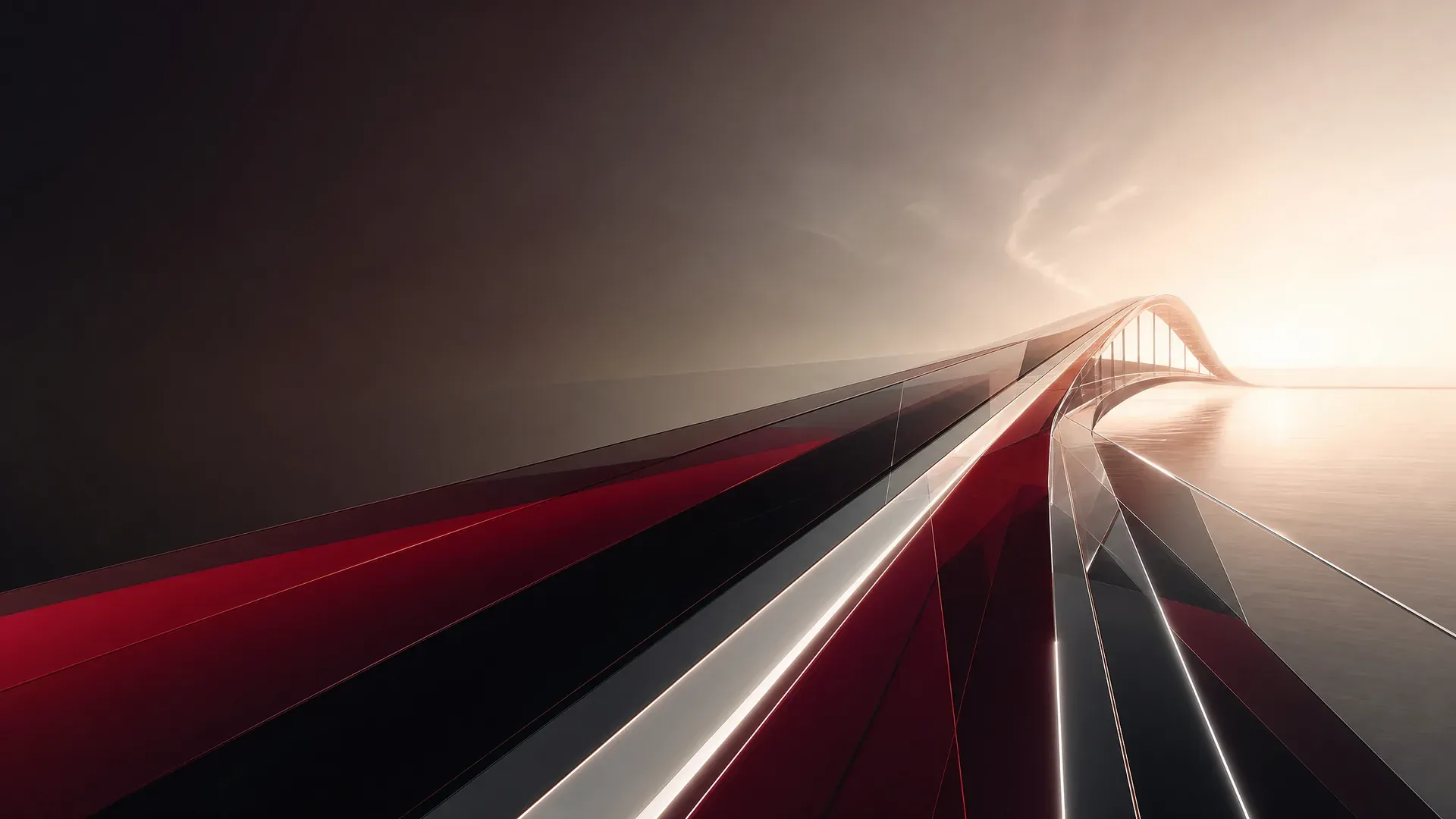 An illuminated bridge in deep red and glass sweeping toward a bright horizon.