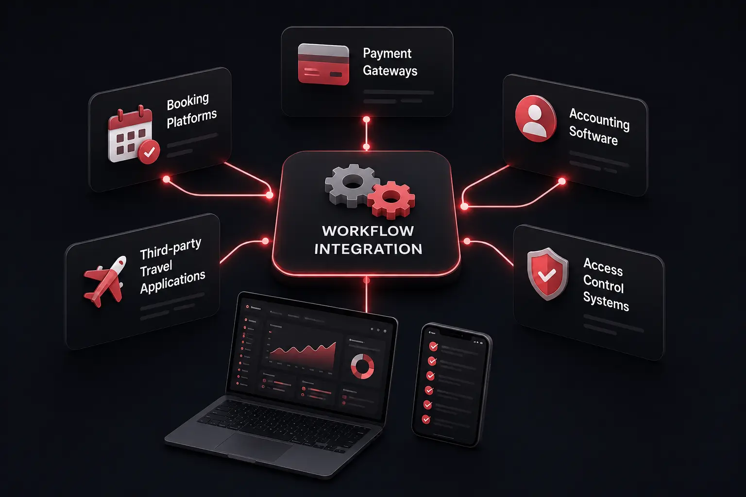 A workflow integration diagram connecting booking platforms, payment gateways, accounting software, access control and travel applications.
