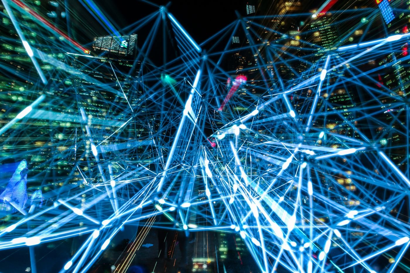 Abstract neural network of data connections across a city — AI intelligence.