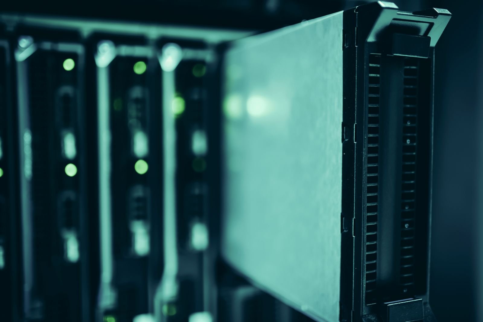 Rows of server racks in a data center.