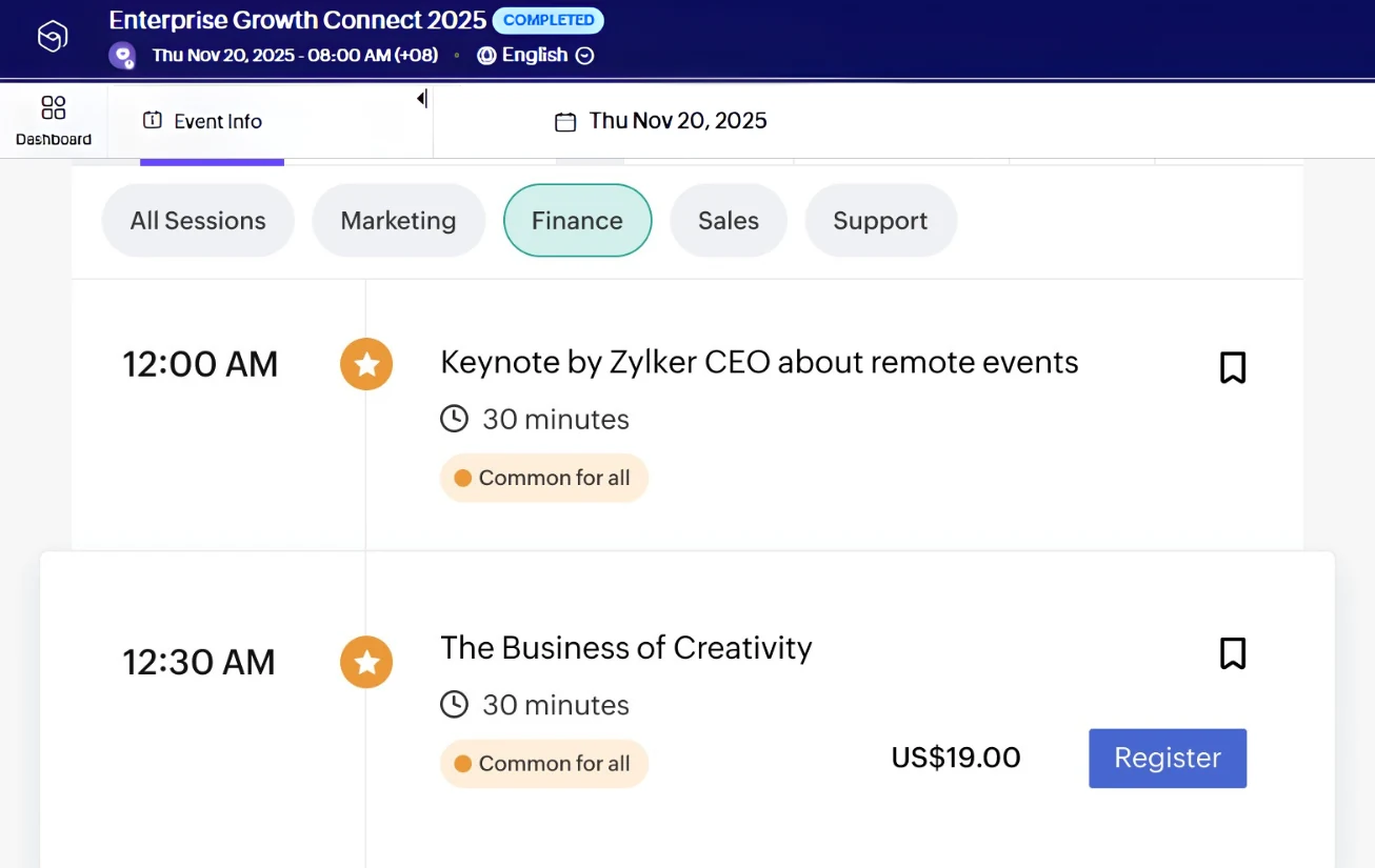 Zoho Backstage interactive agenda screen.