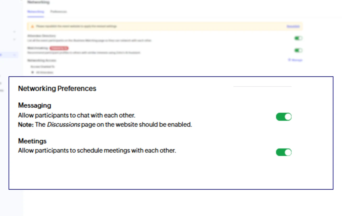Zoho Backstage networking and meeting preferences screen.