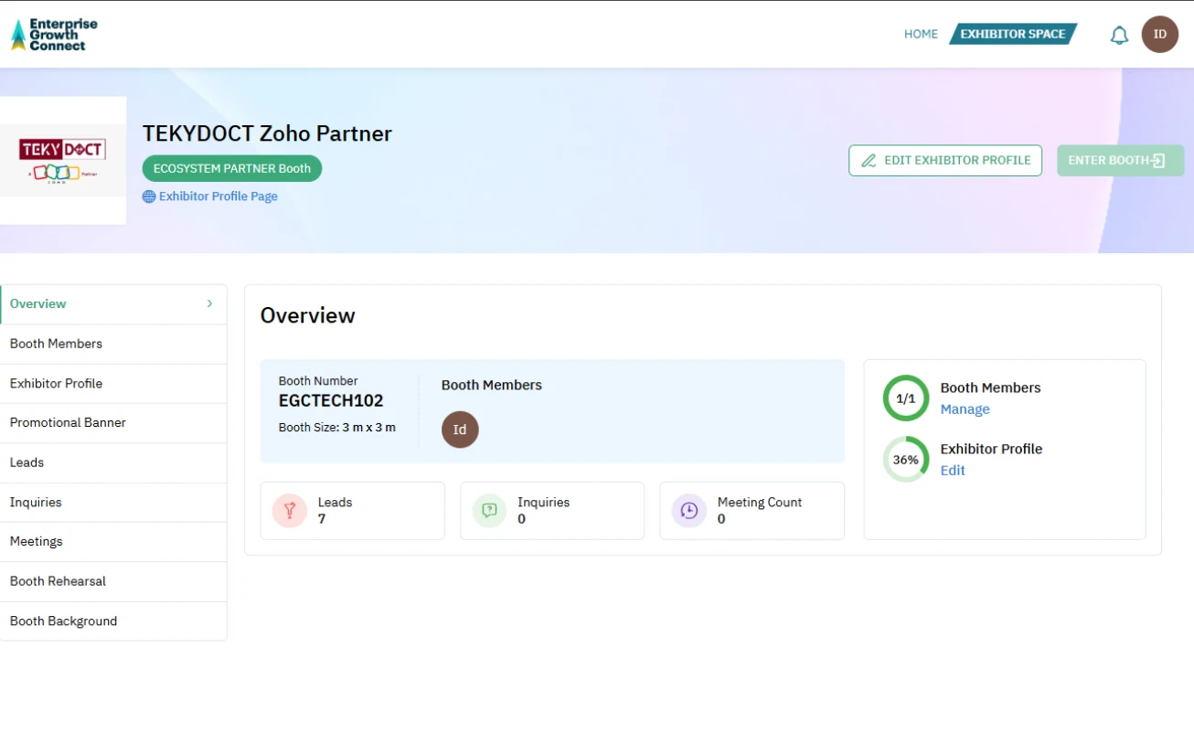 Zoho Backstage exhibitor booth dashboard.
