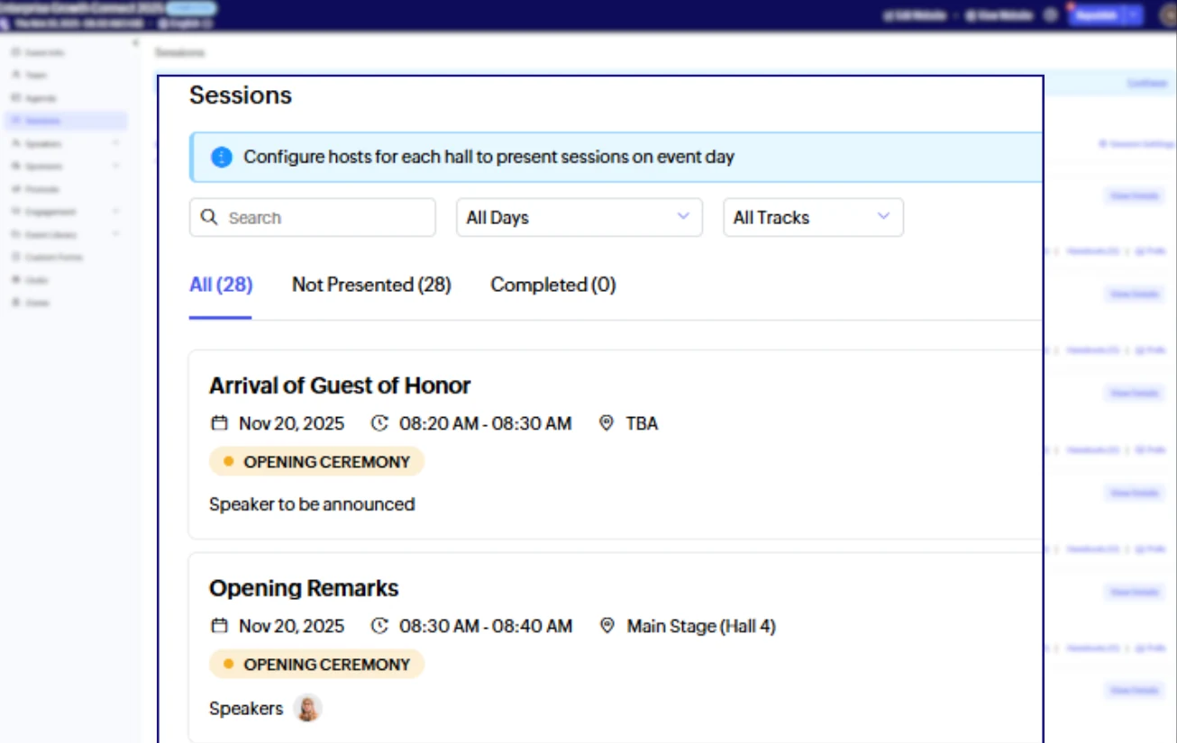 Zoho Backstage sessions management screen.