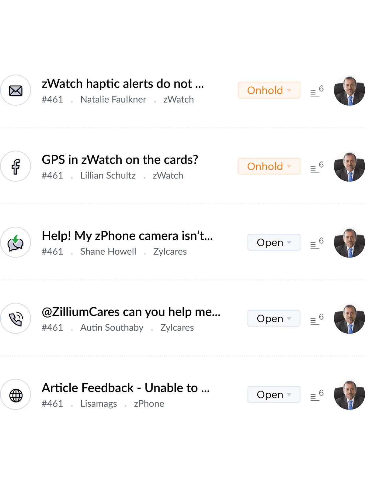 Zoho Desk unified ticket queue showing tickets from multiple channels.