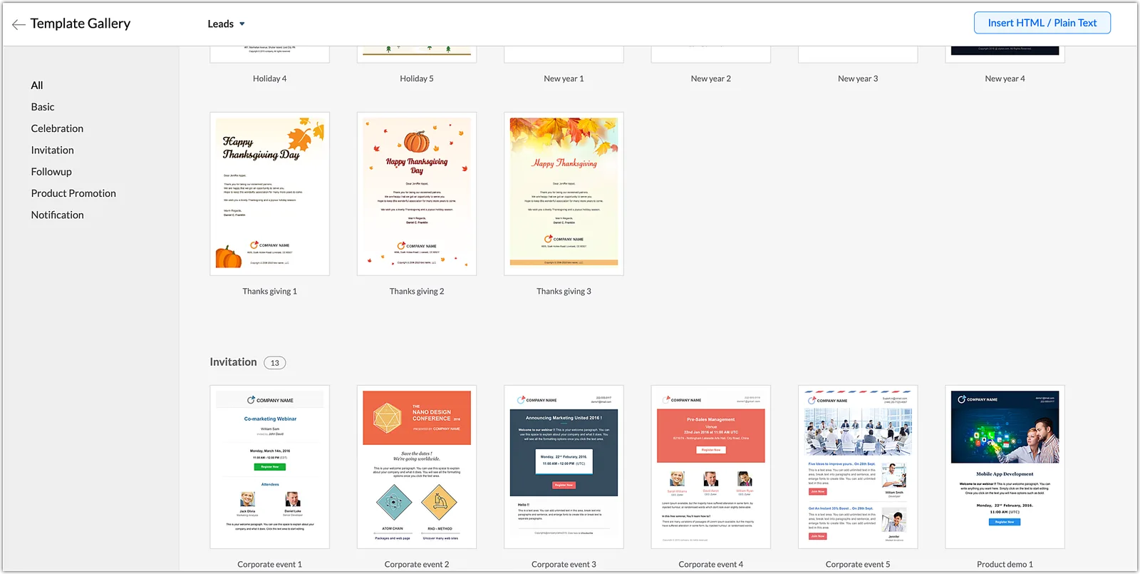 Zoho CRM email template gallery.