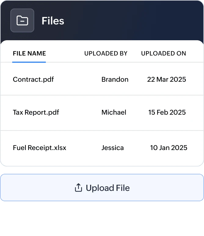 Zoho Books document management screen showing uploaded files.