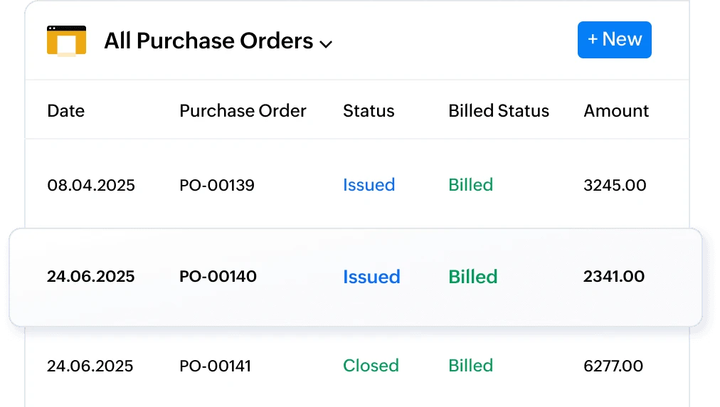Zoho Books purchase orders list showing status and amounts.