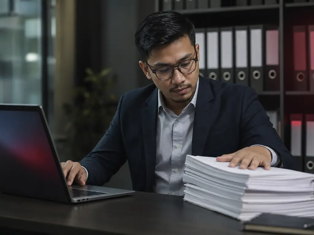 A professional at a desk with a hand resting on printed company records beside a laptop, archive binders behind them.