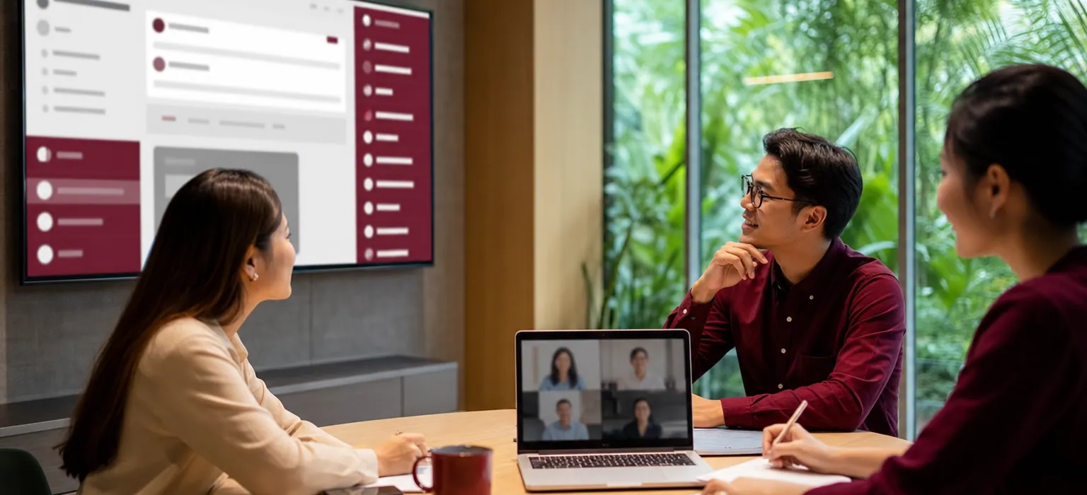 A hybrid meeting in a modern office with collaboration panels on a wall screen.