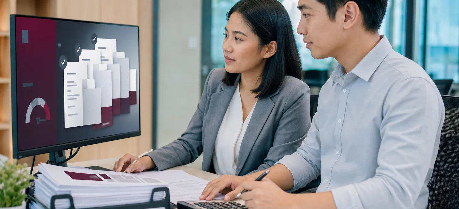Two finance professionals reviewing an invoice approval queue on a monitor.