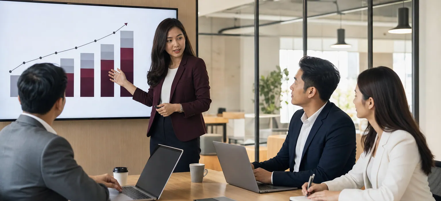 A sales team reviewing an abstract pipeline board on a large screen in a bright meeting room.